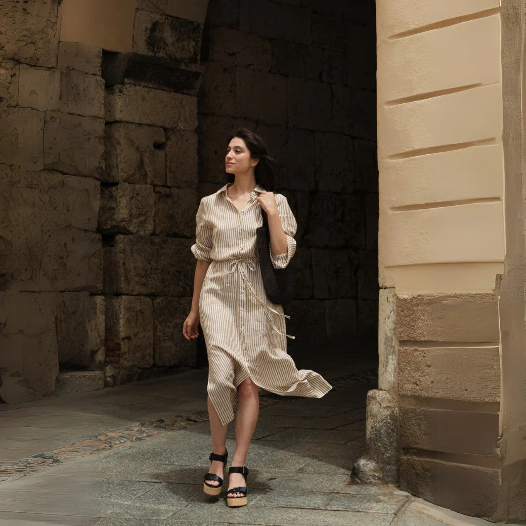 Linen Rhapsody Dress - Bronze White Stripes